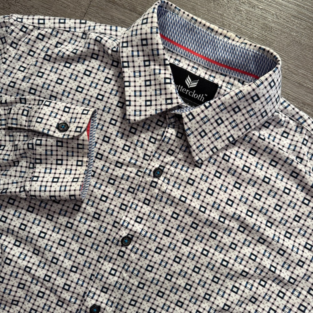 Buttercloth Shirt Mens Large White Blue Geometric Cotton Performance Stretch
